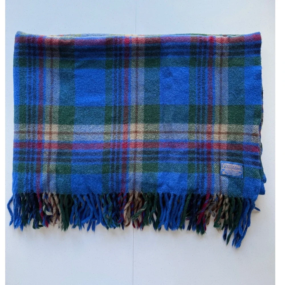 Vtg Pendleton Virgin Wool Throw Blanket Fringe Blue Green Tartan Plaid 54x68